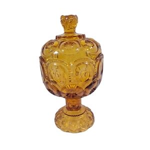 Vintage LE Smith Amber Moon And Stars Pedestal Candy Dish With Lid